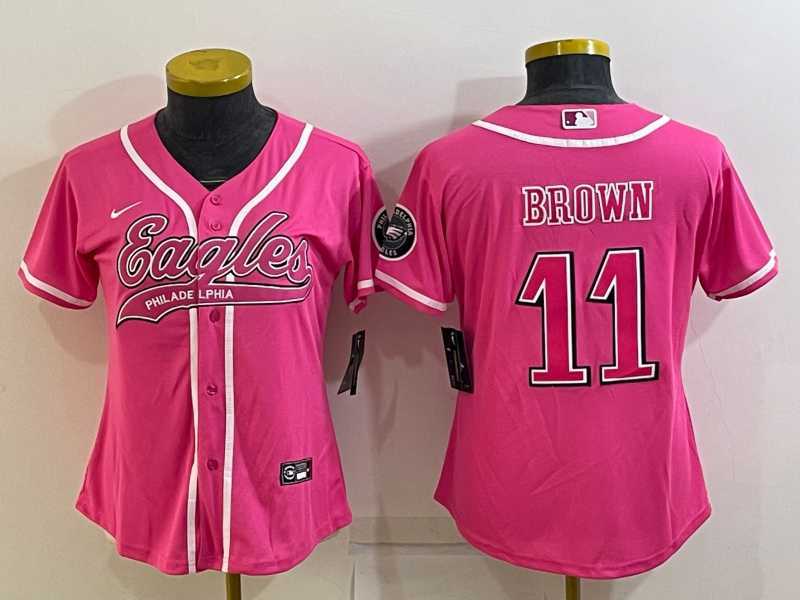 Women's Philadelphia Eagles #11 AJ Brown Pink With Patch Cool Base Stitched Baseball Jersey,We sell and wholesale Women's Philadelphia Eagles #11 AJ Brown Pink With Patch Cool Base Stitched Baseball Jersey on line form chian!